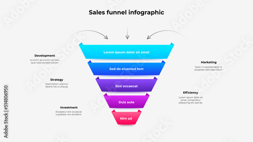Sales funnel infographic. Creative diagram divided into 5 parts, steps or options.