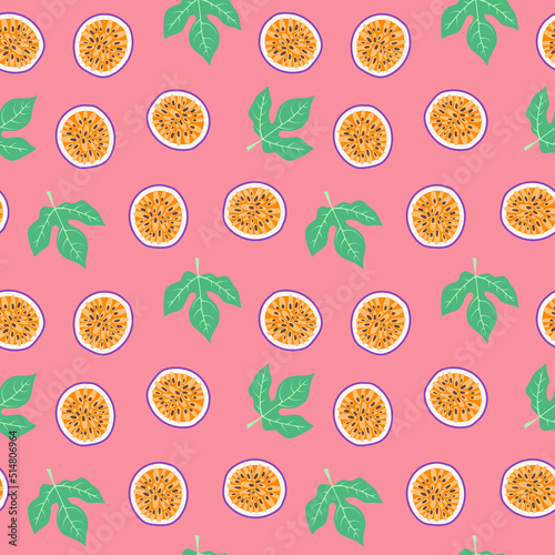 Seamless maracuja pattern. Passion fruit slices and tropical leaves. Hand drawn doodle flat vector illustration. Summer pastel fruit print 
for fabric, wallpaper, wrapping paper, food package design