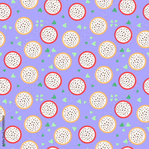 Seamless pitaya pattern. Pastel tropical fruit print. Pink and yellow dragon fruit slices. Hand drawn pitahaya vector illustration for fabric, wrapping paper, wallpaper, menu design. Summer food art