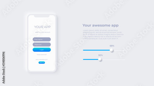 Smartphone with login form for app development. Concept of mobile application. Neumorphic design mockup.