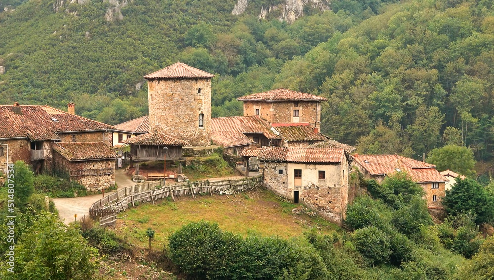 photographic image, houses of old construction stones and plant elements, town of, Asturias. Spain