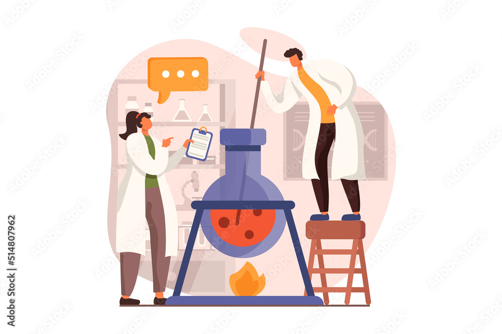 Fototapeta premium Science laboratory web concept in flat design. Woman and man scientists making chemical test in huge tube. Researchers make new experiments in flasks in lab. Illustration with people scene