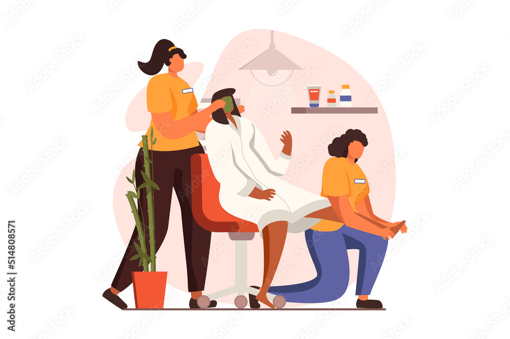 Spa salon web concept in flat design. Professional cosmetologist makes facial mask and beauty skin care procedure, masseuse making massage foots of female client. Illustration with people scene
