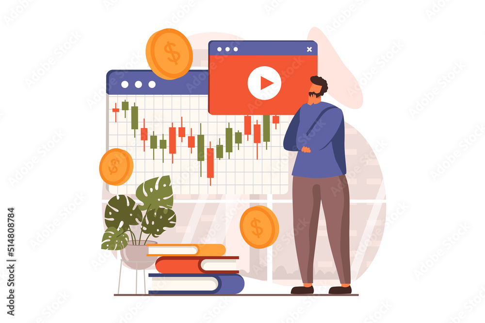 Stock market web concept in flat design. Businessman analyzing financial trends and statistics, trading at global auctions, invests money and increases income. Illustration with people scene