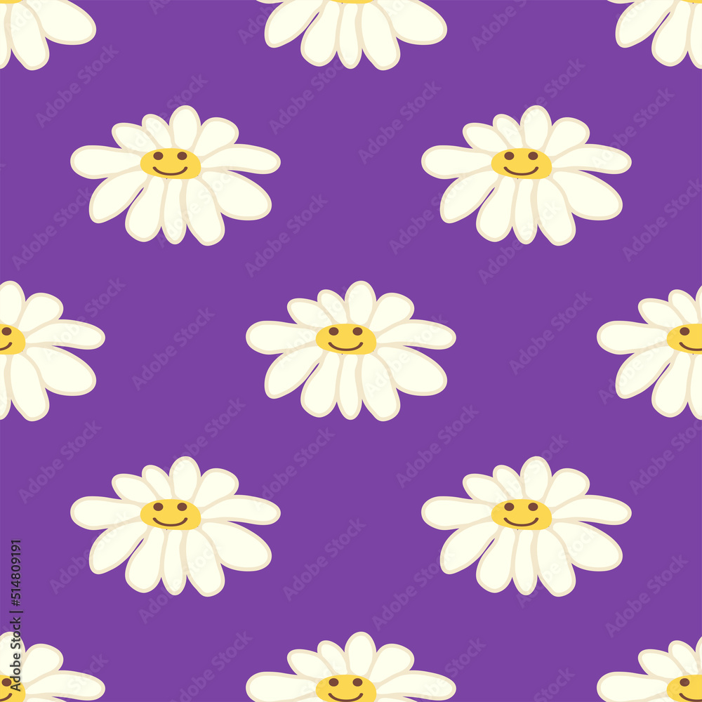 Groovy daisy retro seamless pattern. Positive colorful iilustration. 70s vibe hippie ornament.