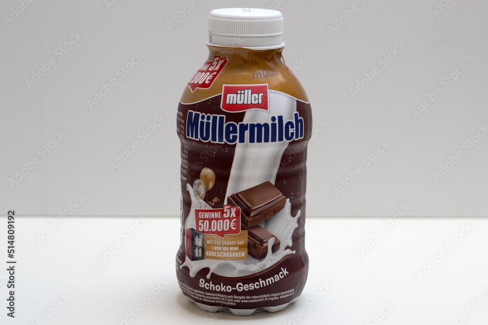 Berlin, Germany- 02.07.2022: bottle of Muller chocolate milk Stock