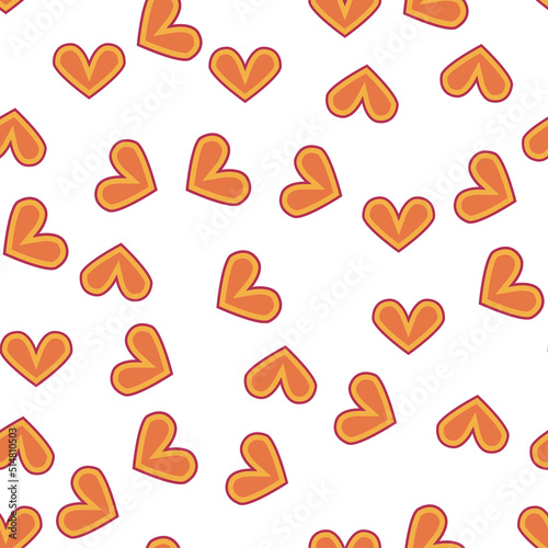 Love heart, daisies, waves of positivity retro 70s seamless pattern. Yellow, orange, red scattered heart shapes on a swirling background