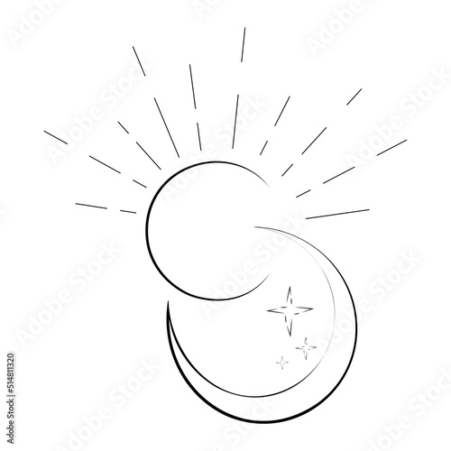 moon with stars together with bright sun on white background, moon with stars together with sun sketch for minimalist tattoo