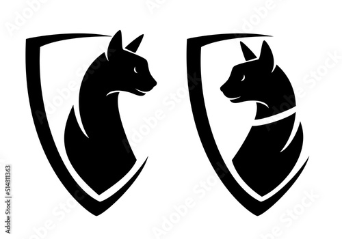 elegant cat head and heraldic shield - pet care insignia badge black and white vector design set