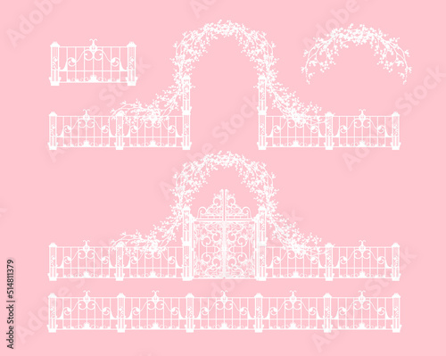 white vector silhouette of elegant entrance arch for wedding ceremony with ornate gate doors and fence decorated with blooming sakura tree branches