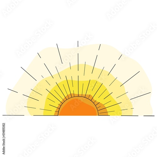 half sun at sunset on white background, minimalistic stylized sketch with half a yellow sun