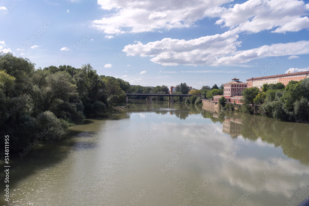 Ebro river flowing through the city of logrono. Photo launched from the stone bridge