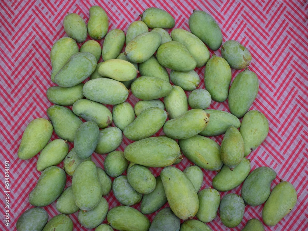 Fresh raw mangoes heap. View from above. Fresh raw mangoes heap. View from above.