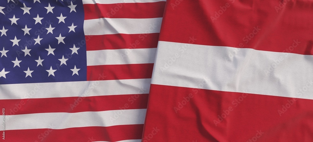 Flags of USA and Latvia. Linen flag closeup. Flag made of canvas