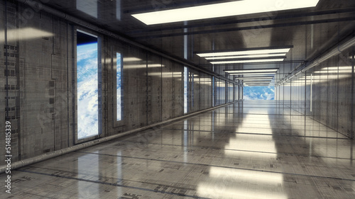 3d render. Futuristic corridor interior design © Miguel Aguirre