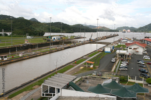 Gates and Locks of Miraflores. Panama Canal. Central America. Sea passage between land. Central America. Engineering work at sea. Seaway.