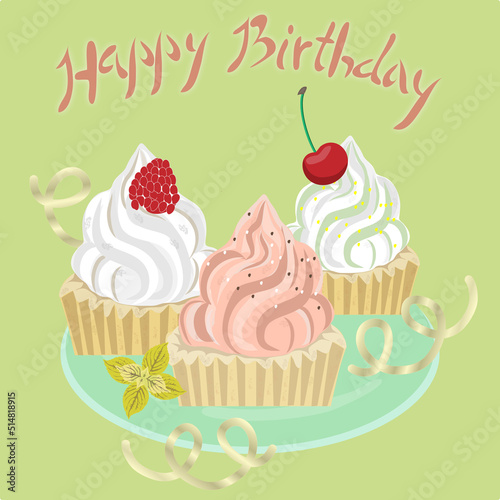 Happy birthday greeting card with cupcakes  ribbons and inscription. Vector graphics
