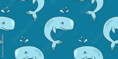 Cute whale, vector seamless pattern in the style of doodles, hand drawn