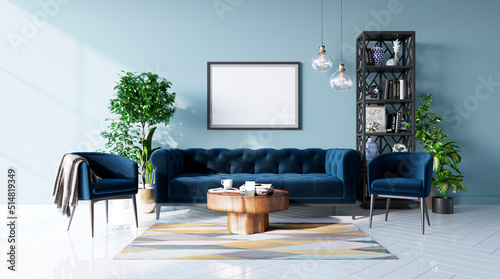 Mock up poster of a living room in a contemporary style. Stylish sofa with a dark blue armchair, a coffee table and flowerpots. 3d rendering 
