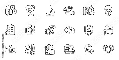 Outline set of High thermometer, Checklist and Coronavirus injections line icons for web application. Talk, information, delivery truck outline icon. Vector