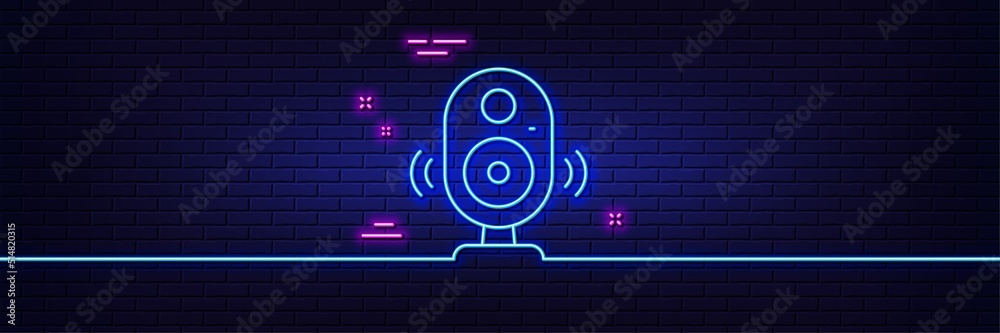 Neon light glow effect. Speaker line icon. Computer component sign. Sound symbol. 3d line neon glow icon. Brick wall banner. Speaker outline. Vector Neon light glow effect. Speaker line icon. Computer component sign. Sound symbol. 3d line neon glow icon. Brick wall banner. Speaker outline. Vector
