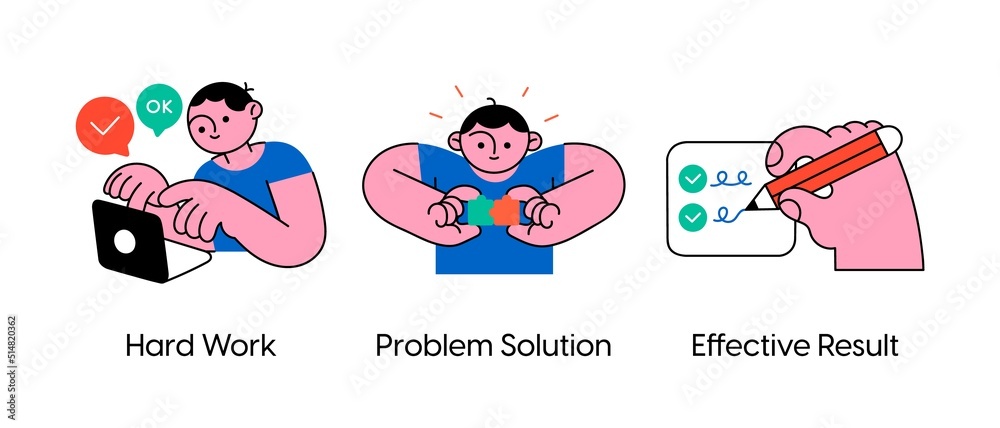 Successful business problem solving - set of business concept illustrations. Hard work, Problem solution, Effective result Visual stories collection