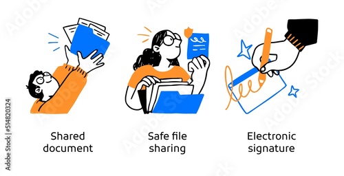 Cloud document access and sharing service - set of concept illustrations. Sared document, Security, Electronic signature. Visual stories collection