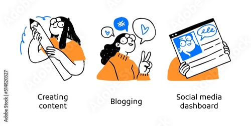Social media marketing solutions- set of business concept illustrations. Creating content, Blogging, Dashboards. Visual stories collection