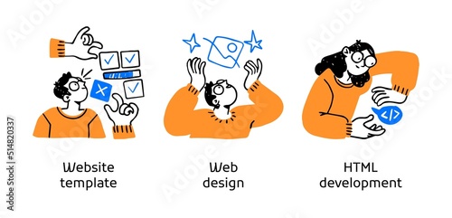 Website design and development- set of business concept illustrations. Web design, Website template, HTML website development. Visual stories collection