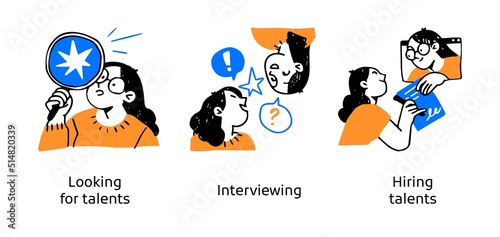Recruitment process and hiring new employees - set of business concept illustrations. Looking for talents, Interviewing, Hiring. Visual stories collection. © stonepic