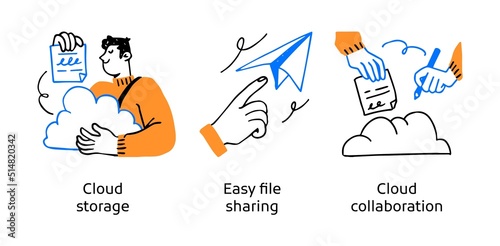 Cloud document access and sharing service - set of concept illustrations. Cloud storage, File sharing, Collaboration. Visual stories collection