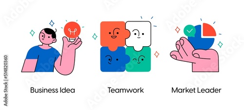 Effective team management from searching ideas to market leadership. Set of business concept illustrations. Visual stories collection