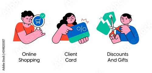 Online shopping and customer loyalty program - set of business concept illustrations. Online shopping, Client card, Discounts and gifts. Visual stories collection.