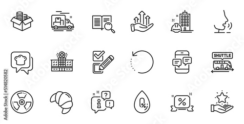 Outline set of Checkbox, Loyalty program and Search text line icons for web application. Talk, information, delivery truck outline icon. Include Hospital building, No alcohol, Money box icons. Vector