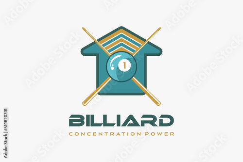 Billiard logo design with creative concept, billiard ball icon and billiard stick in house icon