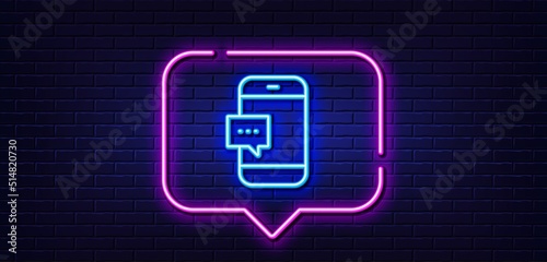 Neon light speech bubble. Smartphone Message icon. Cellphone or Phone messenger sign. Communication Mobile device with Chat symbol. Neon light background. Smartphone message glow line. Vector