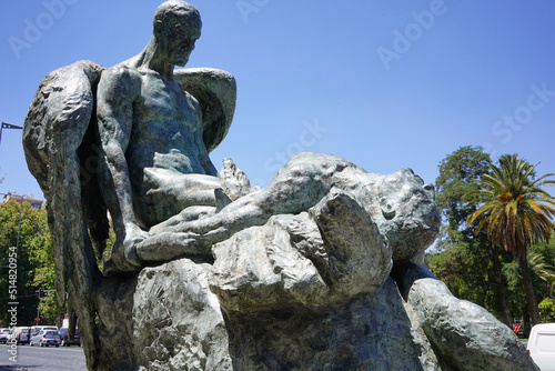 bronze statue at the entrance of the catholic university in santiago (chile): named 