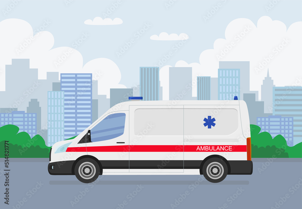 Flat style ambulance. Vector illustration.