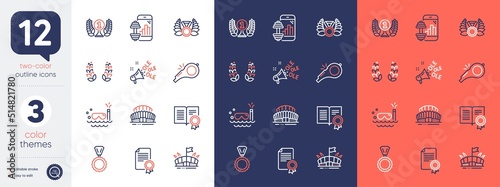 Set of Laurel wreath, Certificate and Fitness app line icons. Include Sports stadium, Scuba diving, Laureate medal icons. Arena, Laureate award, Diploma web elements. Ole chant, Medal, Whistle. Vector