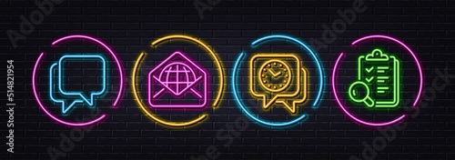 Clock, Talk bubble and Web mail minimal line icons. Neon laser 3d lights. Inspect icons. For web, application, printing. Time, Chat message, World communication. Research list. Vector