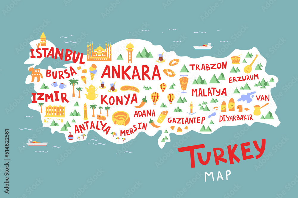 Obraz premium Turkey cartoon map flat hand drawn vector illustration. City names lettering