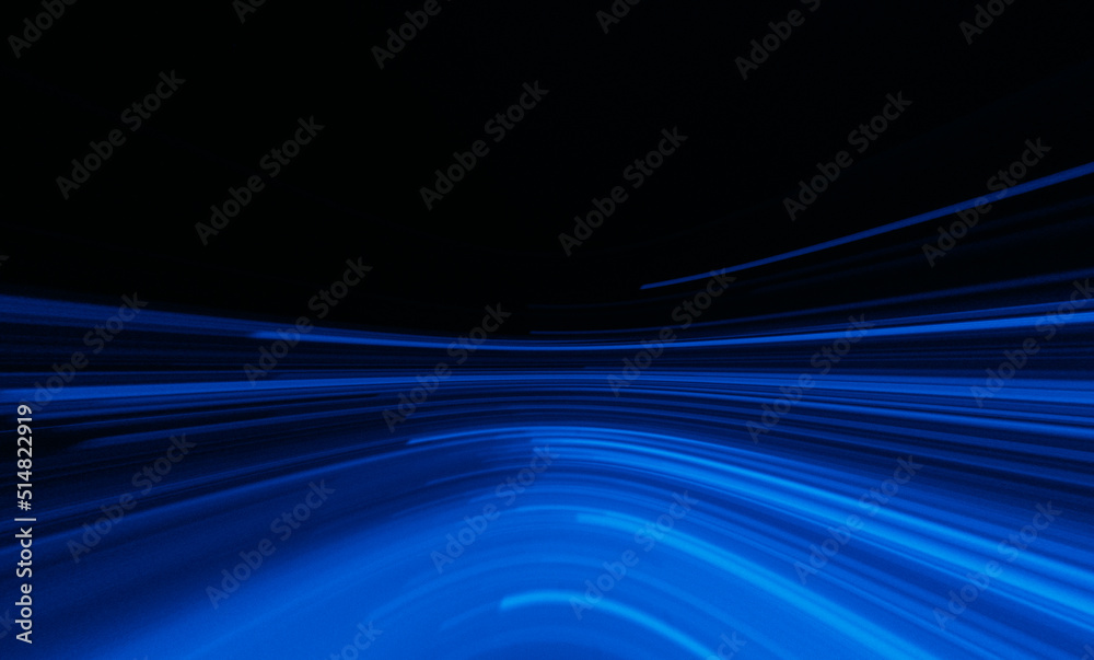 Naklejka premium Blur futuristic glow. Neon abstract background. Sci-Fi illumination. Defocused luminous navy blue color curve lines light flare motion on dark black copy space.
