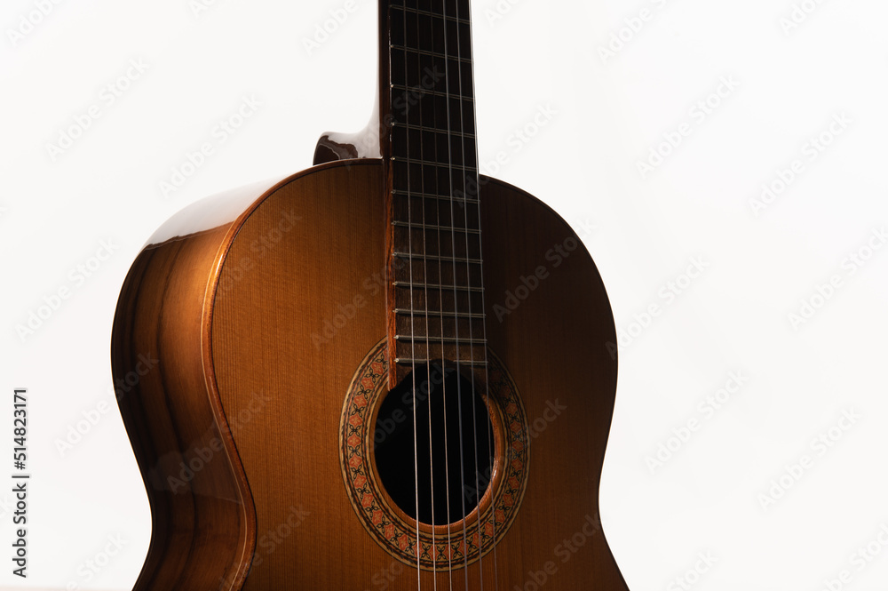 Classical guitar body on a pure  white background with copy space