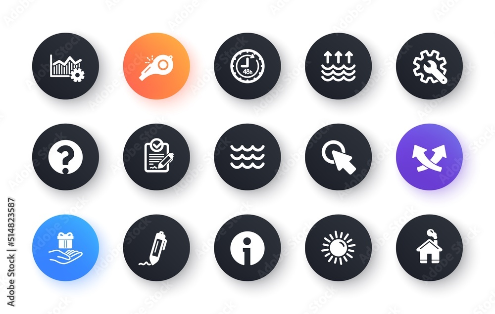 Waves, Whistle and Global warming icons. Signature, Analytics and Question mark. Classic icon set. Circle web buttons. Vector Waves, Whistle and Global warming icons. Signature, Analytics and Question mark. Classic icon set. Circle web buttons. Vector