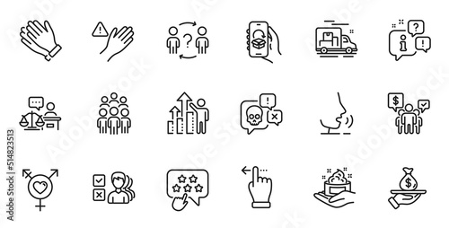 Outline set of Delegate question, Clapping hands and Genders line icons for web application. Talk, information, delivery truck outline icon. Vector