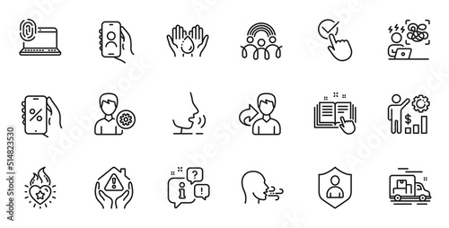Outline set of Difficult stress, User call and Support line icons for web application. Talk, information, delivery truck outline icon. Vector