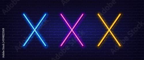 Initial letter X icon. Neon light line effect. Line typography character sign. Large first font letter. Glowing neon light element. Letter X glow 3d line. Brick wall banner. Vector