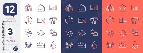 Set of Cloud sync, Mail and Share line icons. Include Work home, Group, Teamwork icons. Help, Portfolio, Report diagram web elements. Time management, Paint roller, Dollar money. Vector