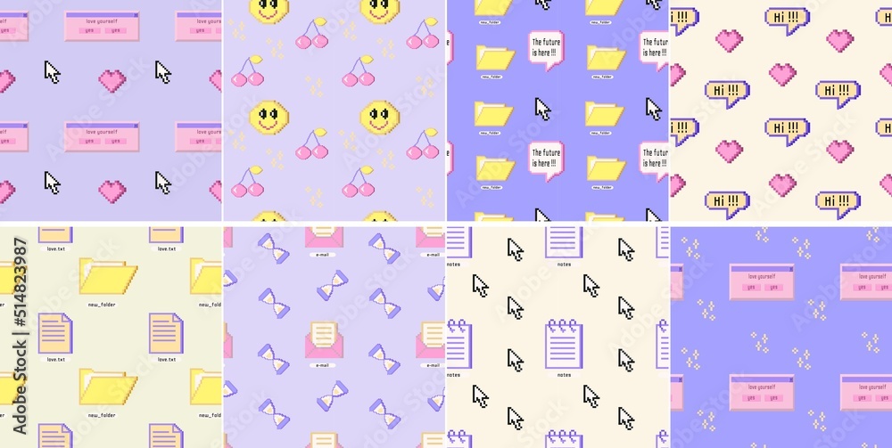 90 groovy trippy seamless pattern Old pc game 90s aesthetic. Pixel icons, diskette, joystick, dialog boxes. Set of vector vaporwave and retrowave style patterns.