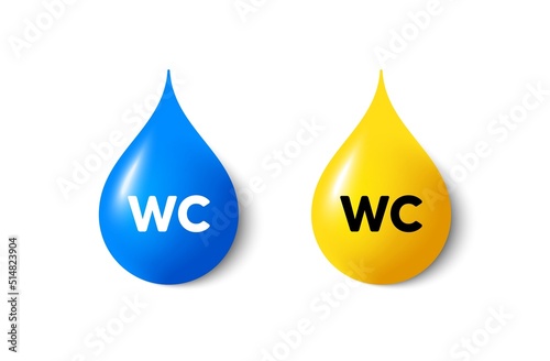 Paint drop 3d icons. WC tag. Restroom or toilet icon. Bathroom message. Yellow oil drop, watercolor blue blob. WC promotion. Vector